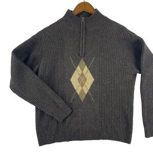 Basic Elements Mens 1/4 Zip Mock Neck Lambswool Argyle Sweater SZ M Charcoal